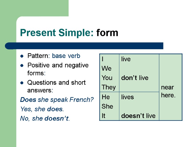 Present Simple: form Pattern: base verb  Positive and negative forms: Questions and short